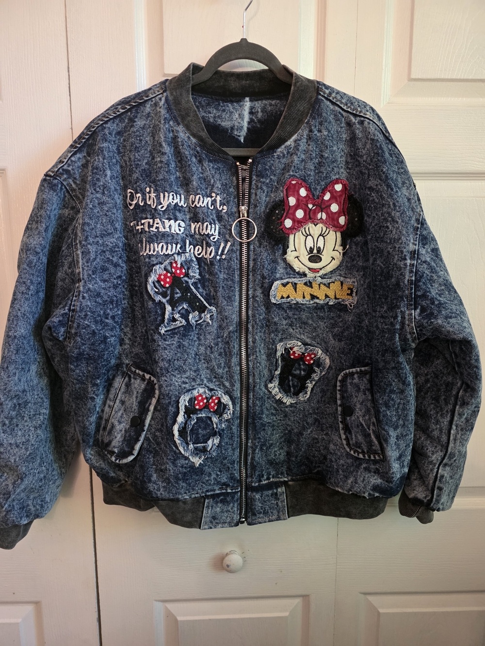 Minnie Mouse Womens Denim-Effect Bomber Jacket - Blue